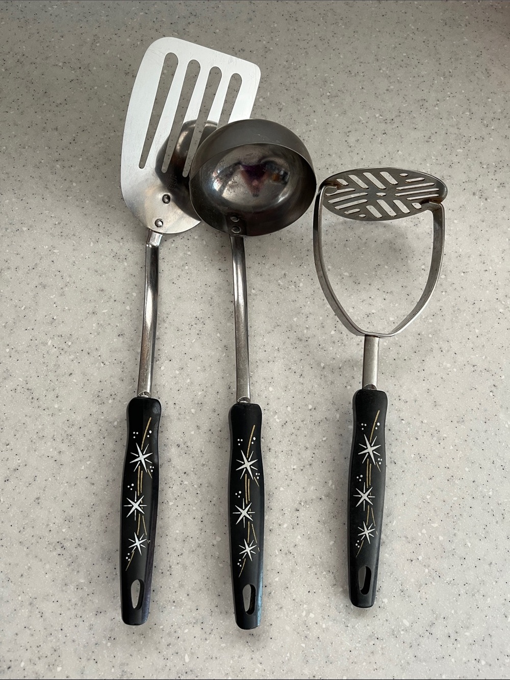 Vtg Ekco Atomic Starburst Spatula/Ladle/Masher MCM Black Handle Retro Kitchen